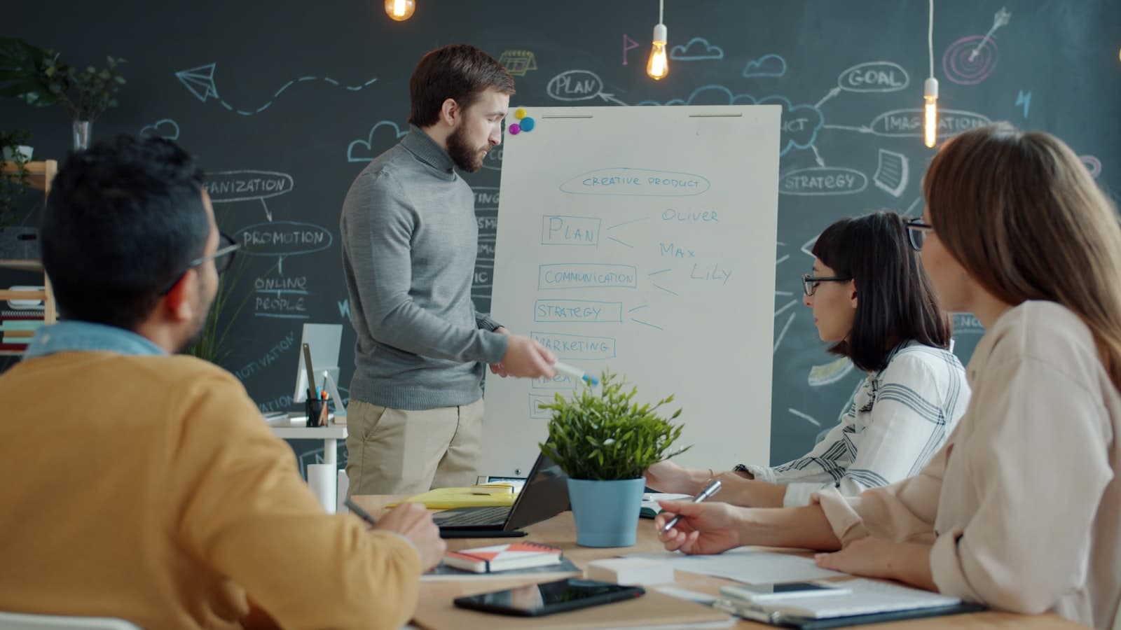 Agency team planning strategy on a whiteboard